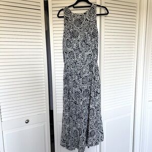 Cabi 314 Twirl Navy Black White Floral Sleeveless Pockets High Low Maxi Dress M